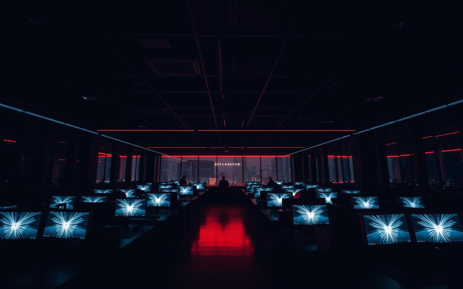Web design studio with rows of glowing monitors at night